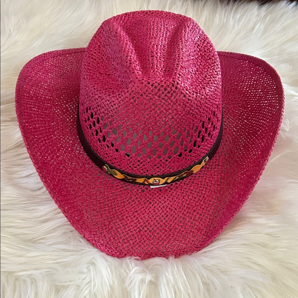 Pink Straw Cowboy Hat with Decorative Band